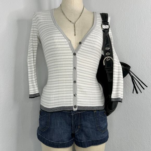 Gray and White Striped Button V-Neck Cardigan - Picture 3 of 9